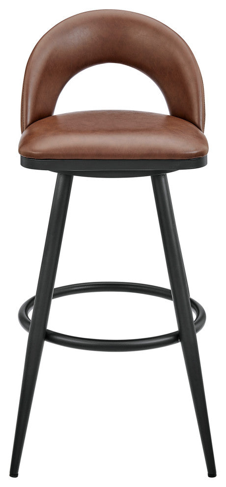 Lottech Swivel Bar Stool in Black Metal with Brown Faux Leather