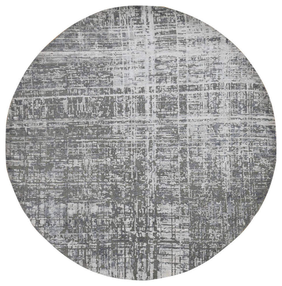 Carbon Gray Wool and Silk Abstract Design Hand Knotted Round Rug 8'2" x 8'2"
