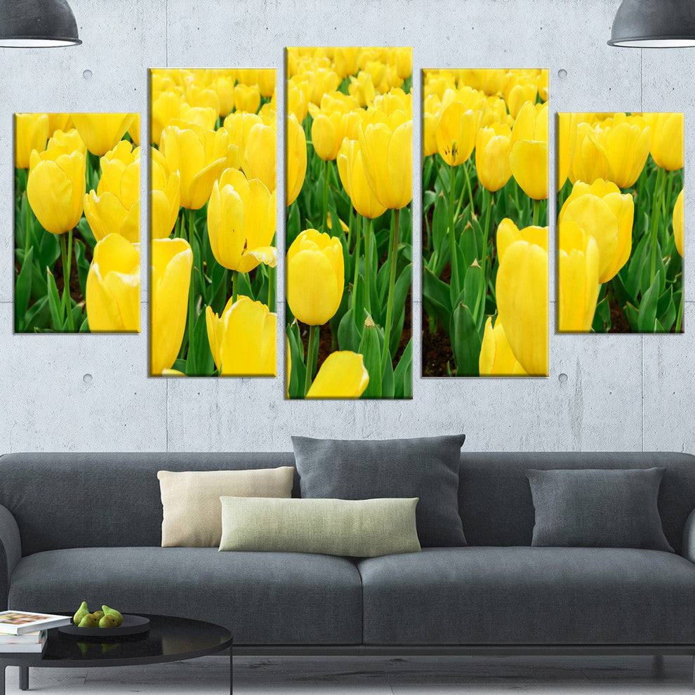 Bright Tulip Flowers in Garden, Floral Canvas Art Print, 60"x32", 5 Panels
