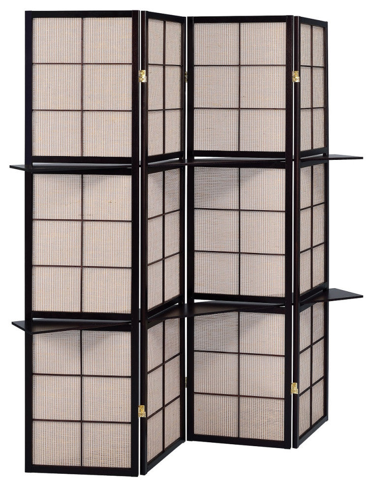 4 Panel Screen with 4-Shelf, Tan and Cappuccino