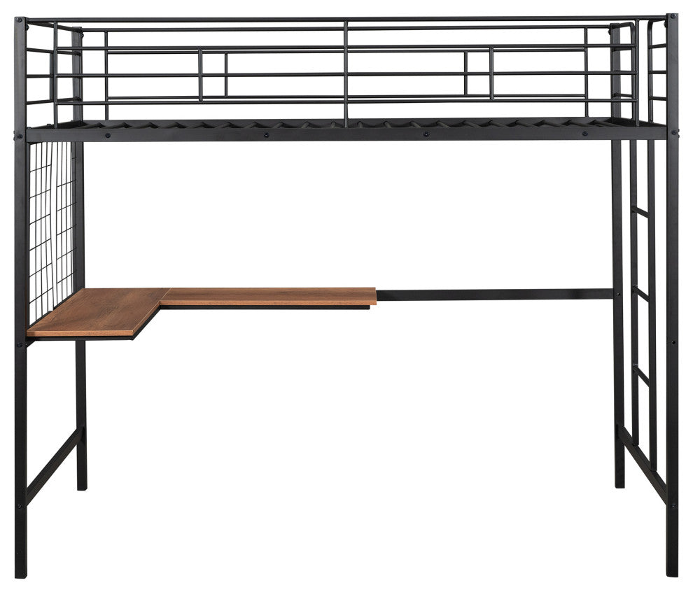 TATEUS Metal Loft Bed With Desk, Sturdy Metal Frame Guardrails Work and Play, Black, Twin