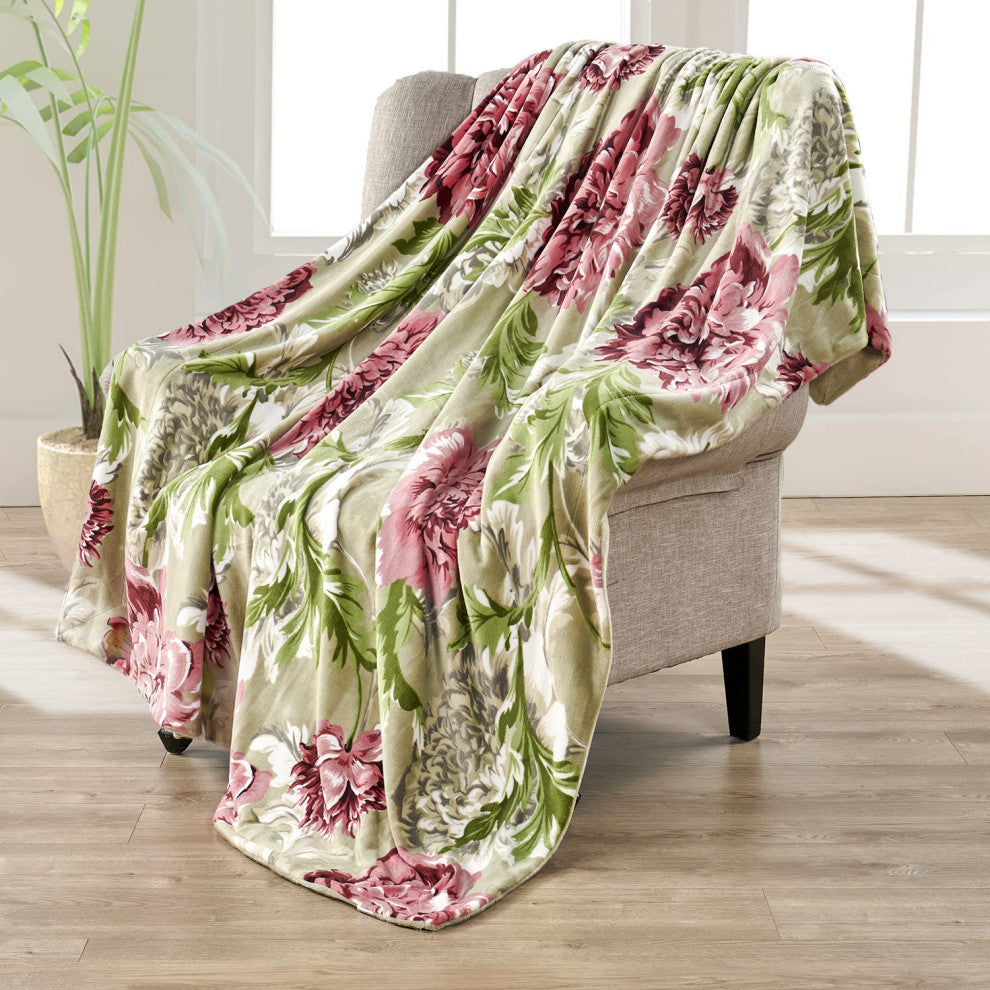 Floral Printed Flannel Throw, Geranium Red