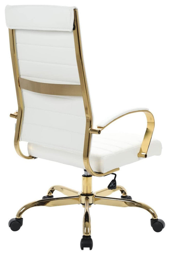 LeisureMod Benmar High-Back Leather Office Chair With Gold Frame White