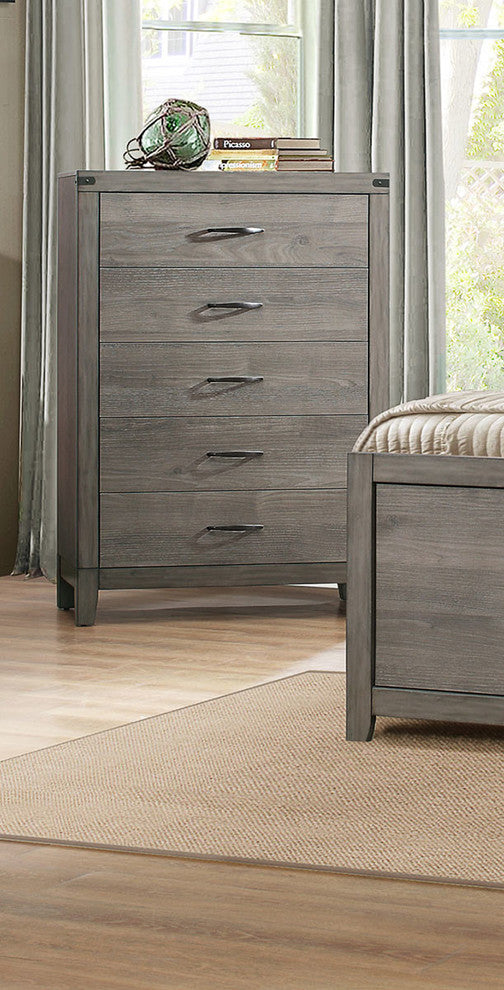 Benzara BM181923 Roomy 5 Drawer Wooden Chest With Metal Handles, Weathered Gray