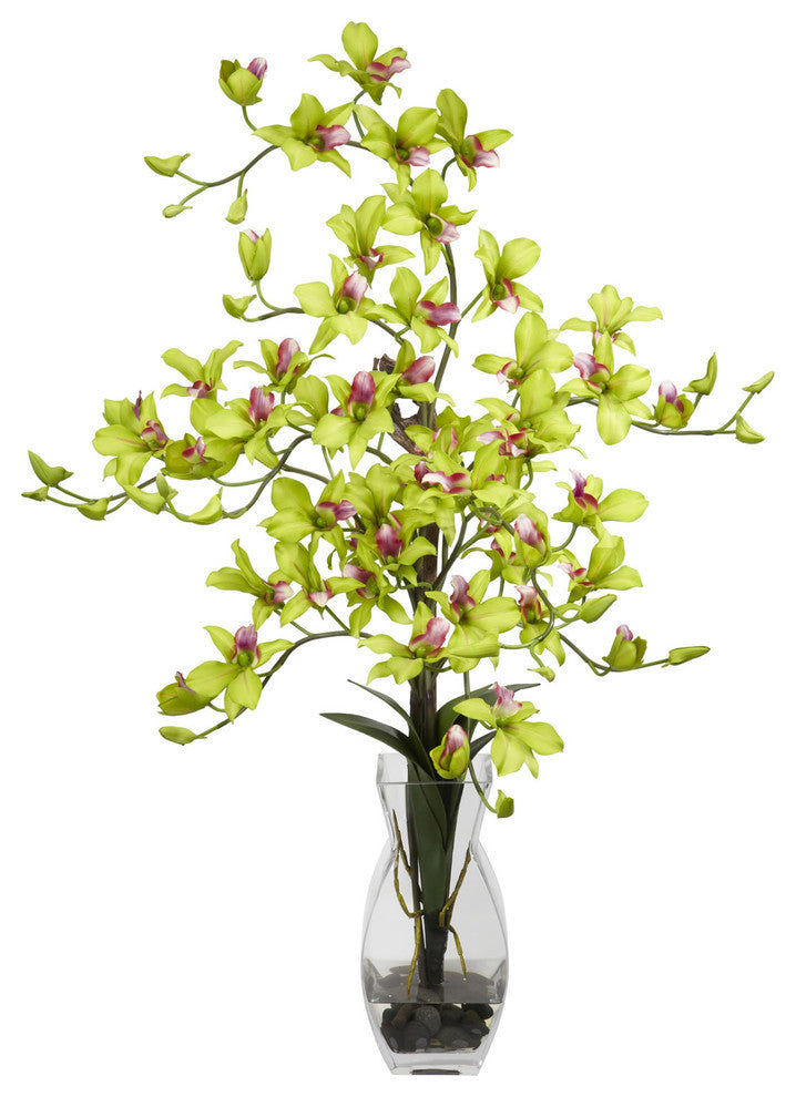 Dendrobium With Vase Silk Flower Arrangement, Green