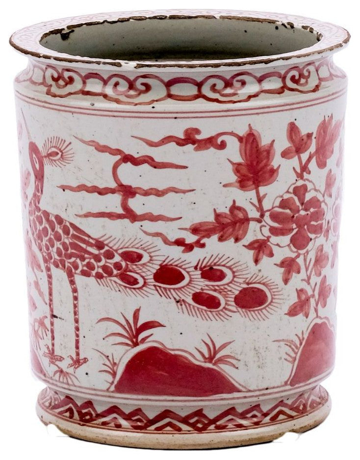 Coral Red Orchid Pot Bird Motif