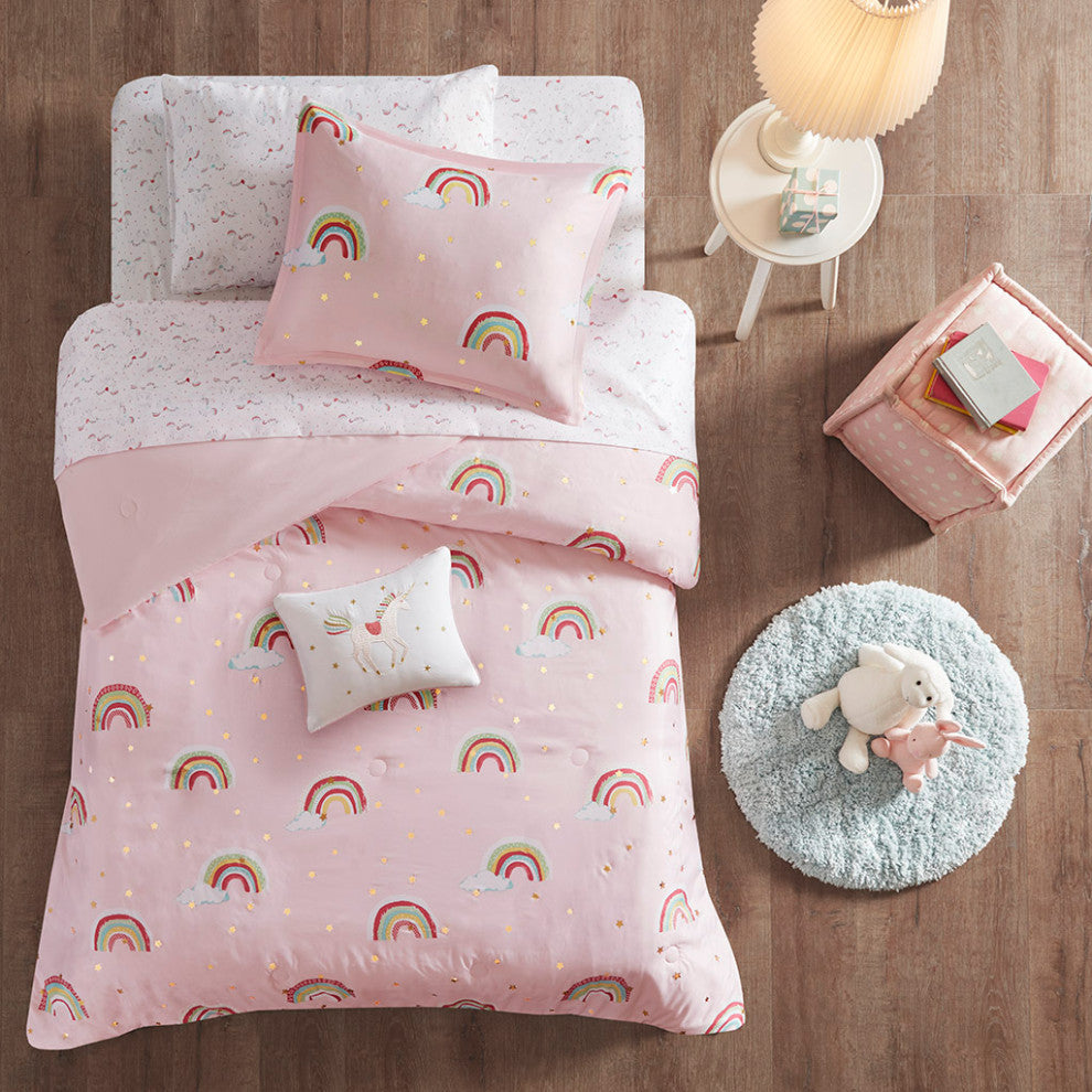 Mi Zone Kids Alicia Unicorn Gold Stars Complete Comforter and Sheet Set, Twin, C