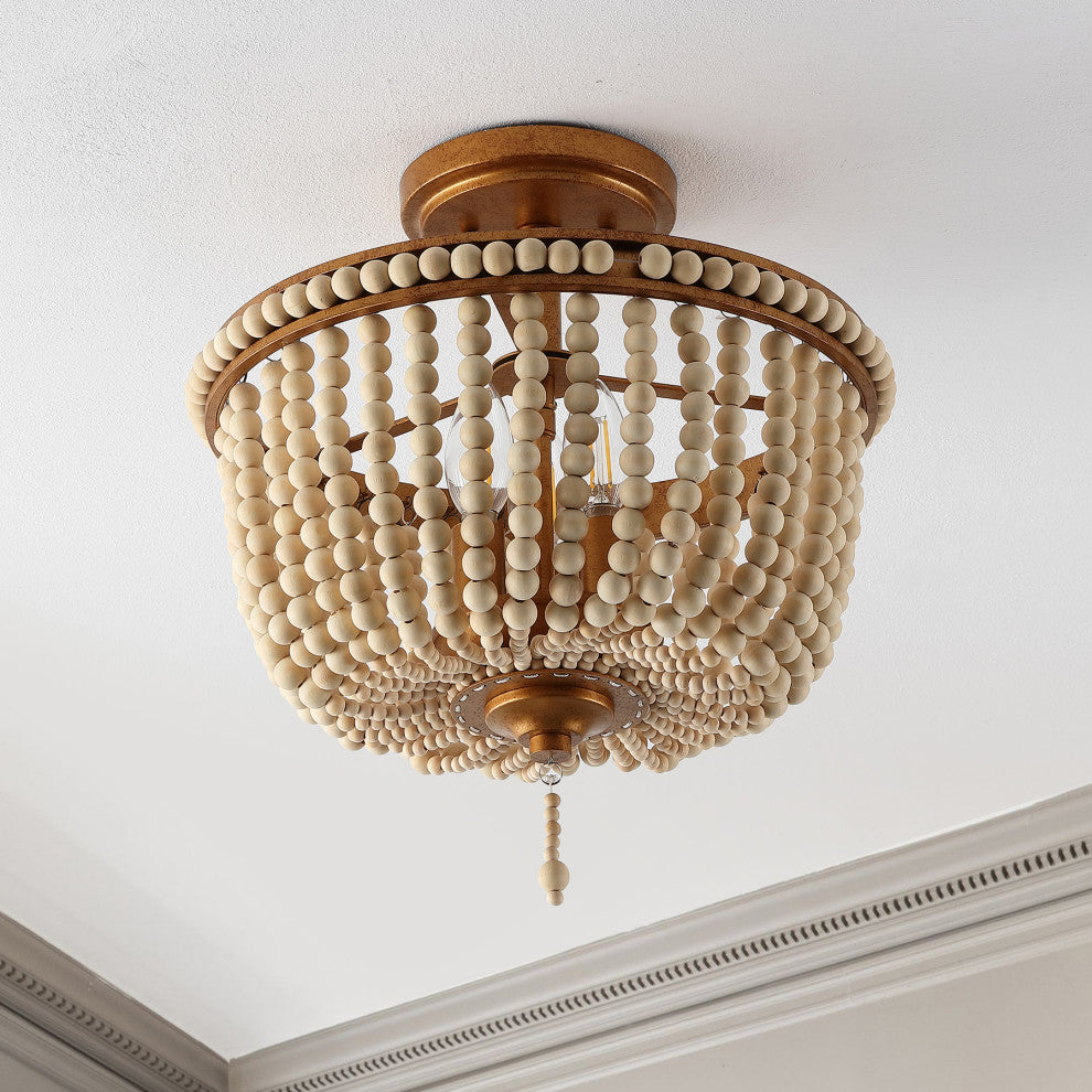Allie 14" 3-Light Farmhouse Wood Bead/Iron LED Semi Flush Mount, Gold/Taupe