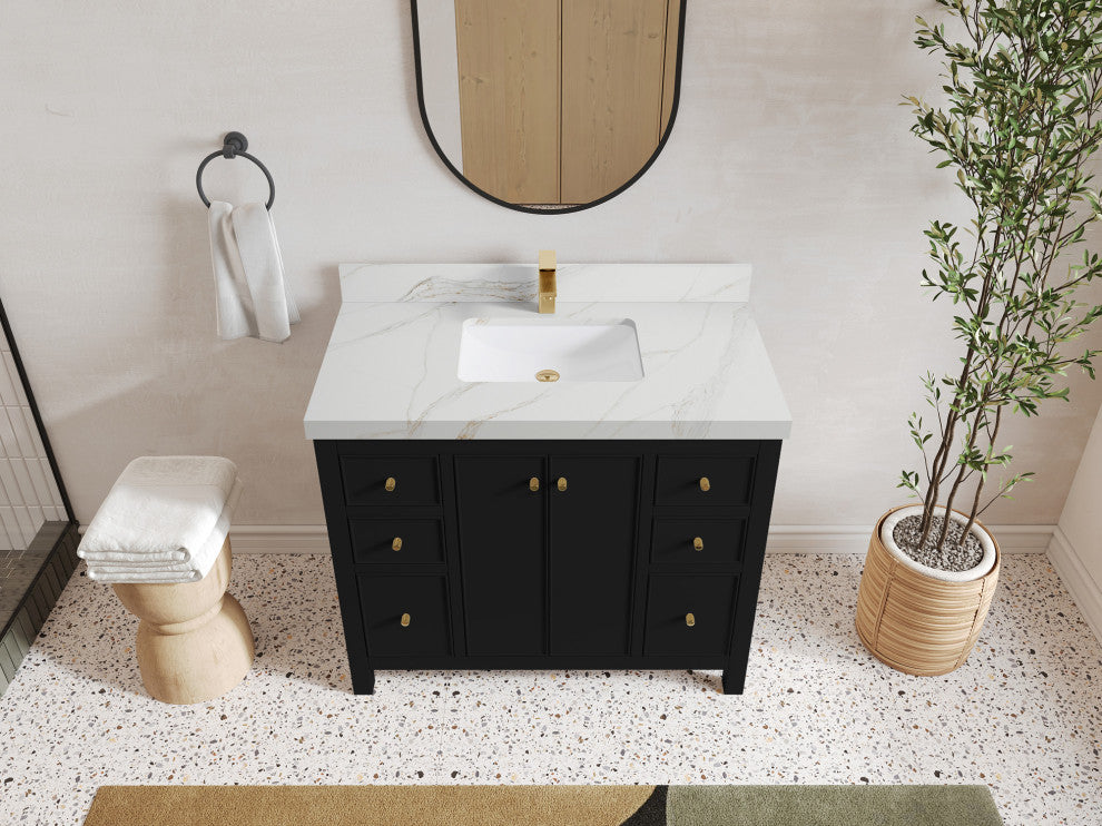 Chicago 42" Single Sink Bathroom Vanity, Black 2" Calacatta Sienna Quartz