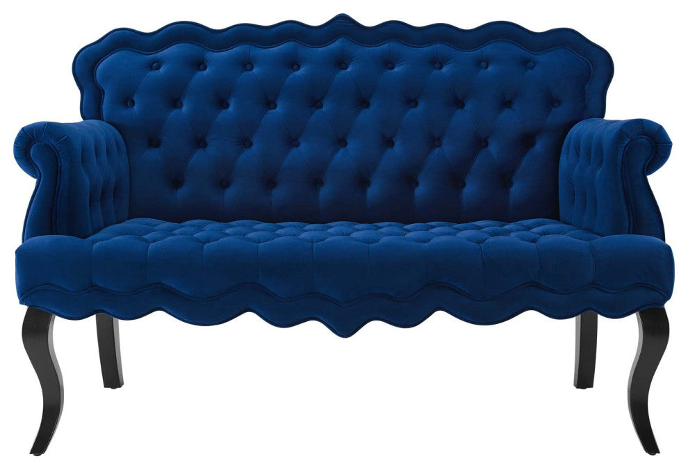 Modern Designer Lounge Loveseat Settee Sofa, Velvet Fabric, Navy Blue