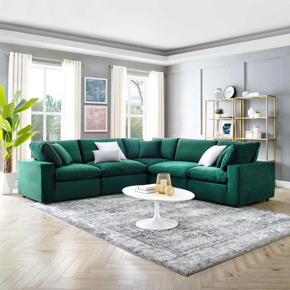 Commix Down Filled Overstuffed Performance Velvet 5-Piece Sectional, Green