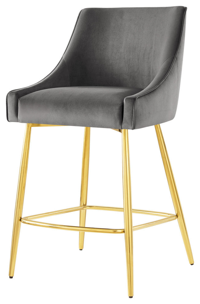 Counter Stool Chair, Set of 2, Gray, Velvet, Modern, Mid Century Lounge