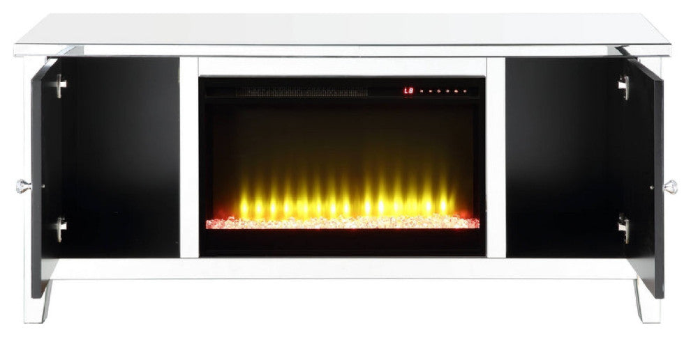 Benzara BM273255 Mirrored TV Stand, Timer Fireplace, Acrylic Diamond, Silver