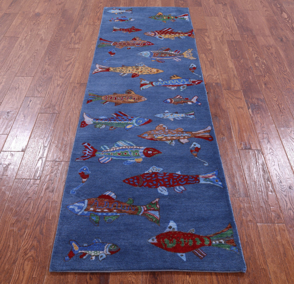 Runner Gabbeh Fish Design Handmade Wool Rug 2' 7" X 8' 0" - Q15518