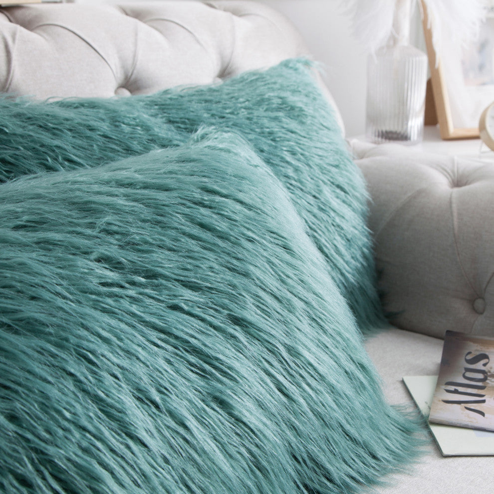 Mongolian Faux Fur Pillow Shell Set, Oil Blue, 14"x26"