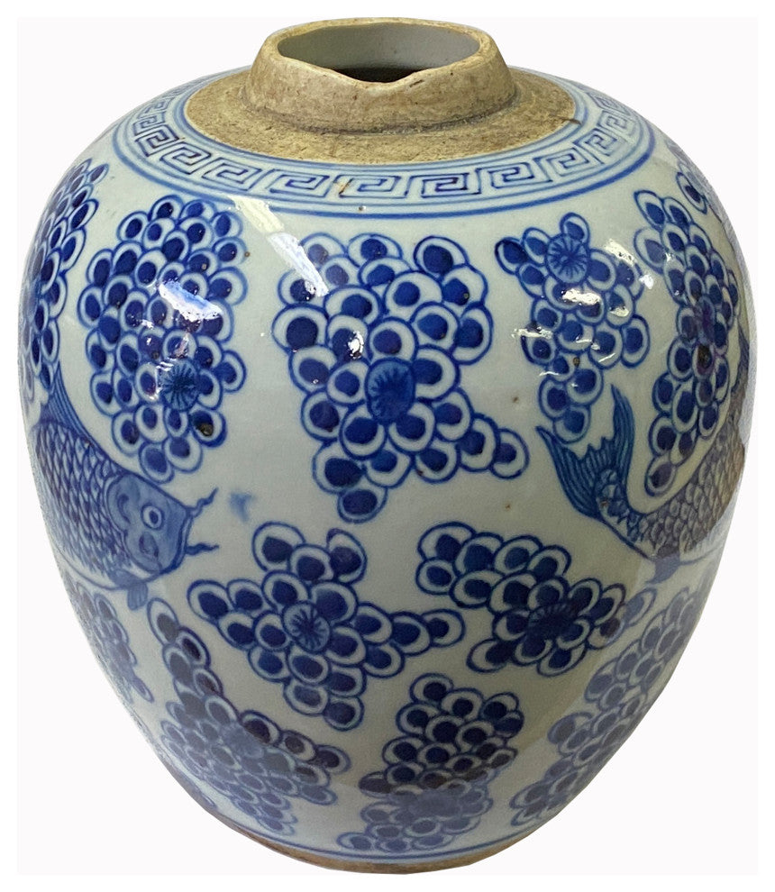 Oriental Handpainted Fishes Small Blue White Porcelain Ginger Jar Hws2325