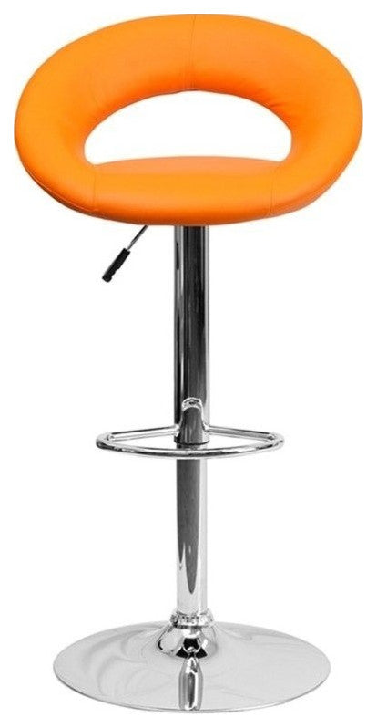 Contemporary Orange Vinyl Rounded Back Adjustable Barstool With Chrome Base
