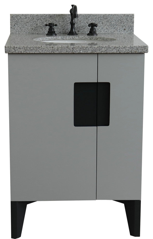 25" Single Sink Vanity, Light Gray Finish With Gray Granite And Oval Sink