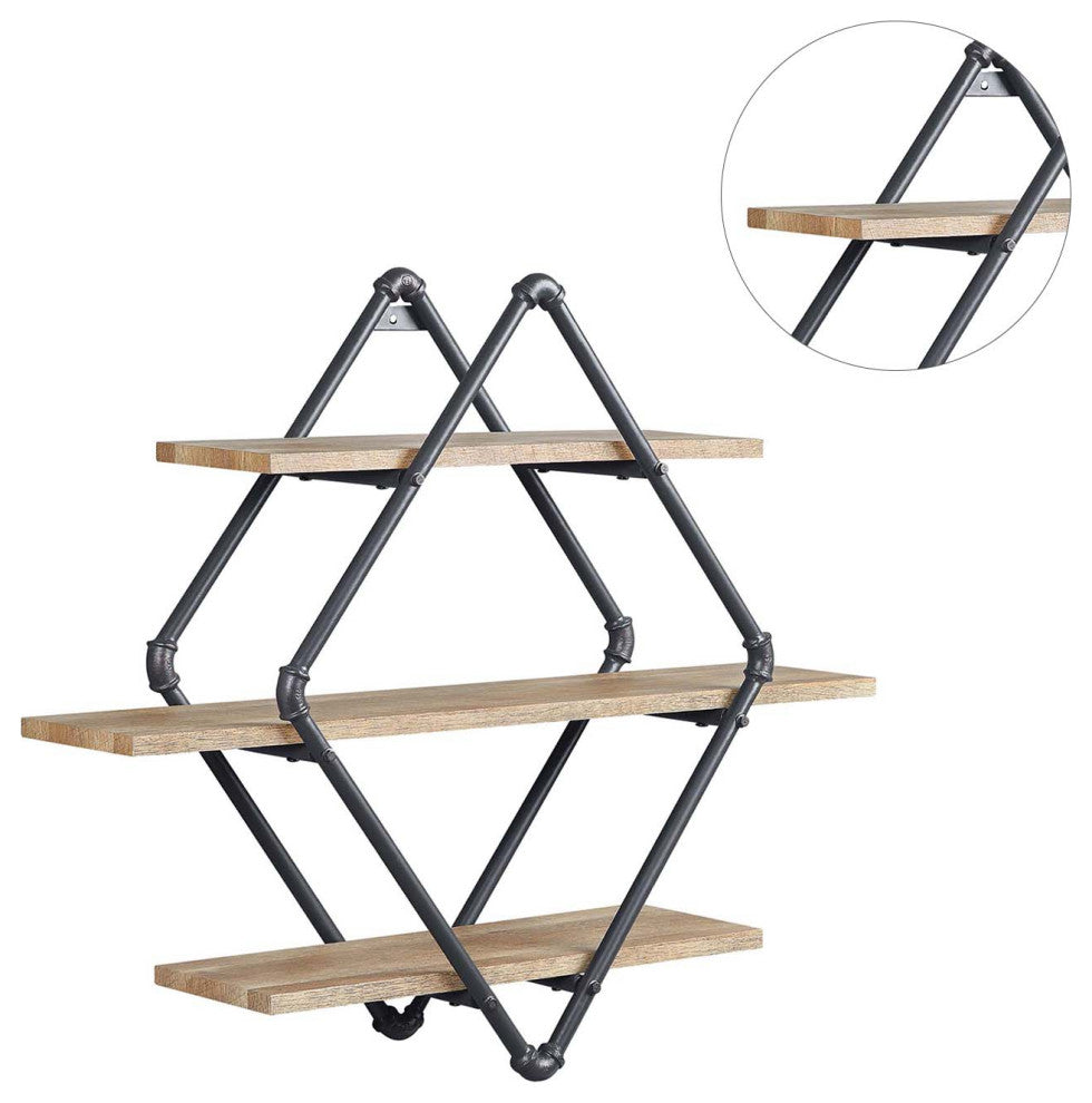 3 Tier Oak Wood Rhombic Floating Shelf With Metal Tube, Sandy Black