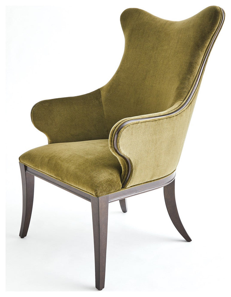 Curvy Back Moss Green Velvet Arm Chair Dark Walnut Sculpted Vintage Style