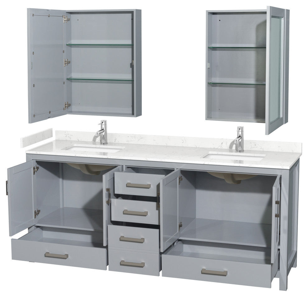 80"DBL Vanity Gray, Carrara Cult. Marble Countertop, Sinks, Med. Cabinets