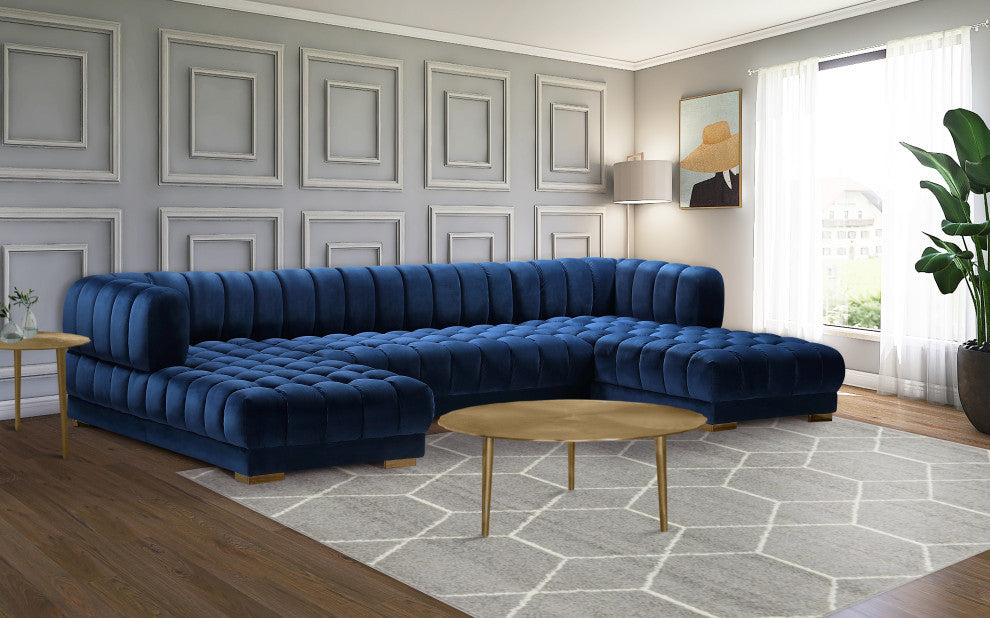 Gwen Biscuit Tufted Velvet Upholstered 3 Piece Sectional, Navy