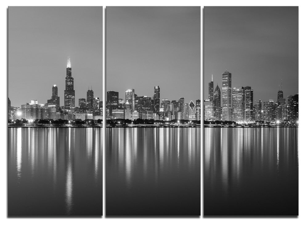 "Chicago Skyline at Night Black and White" Metal Wall Art, 3 Panels, 36"x28"
