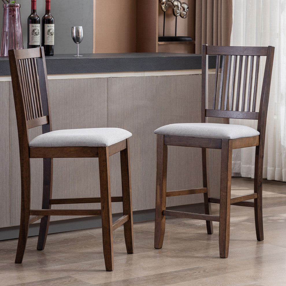 Set of 2 Slat-Back Padded Wood Counter Stools, Rusticwalnut