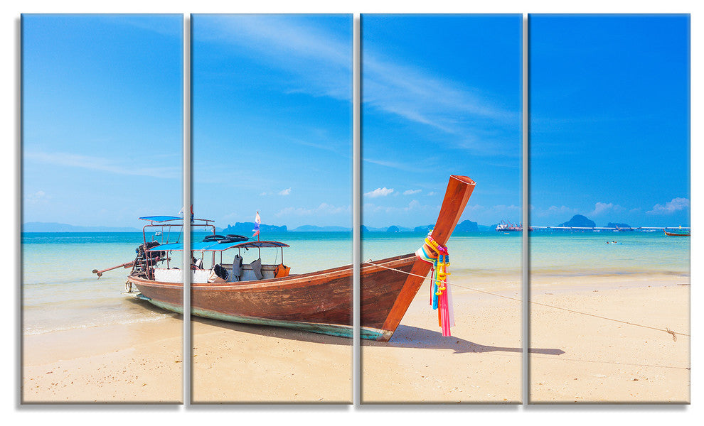 "Tropical Beach With Boat" Seashore Canvas Photo Print, 4 Panels, 48"x28"