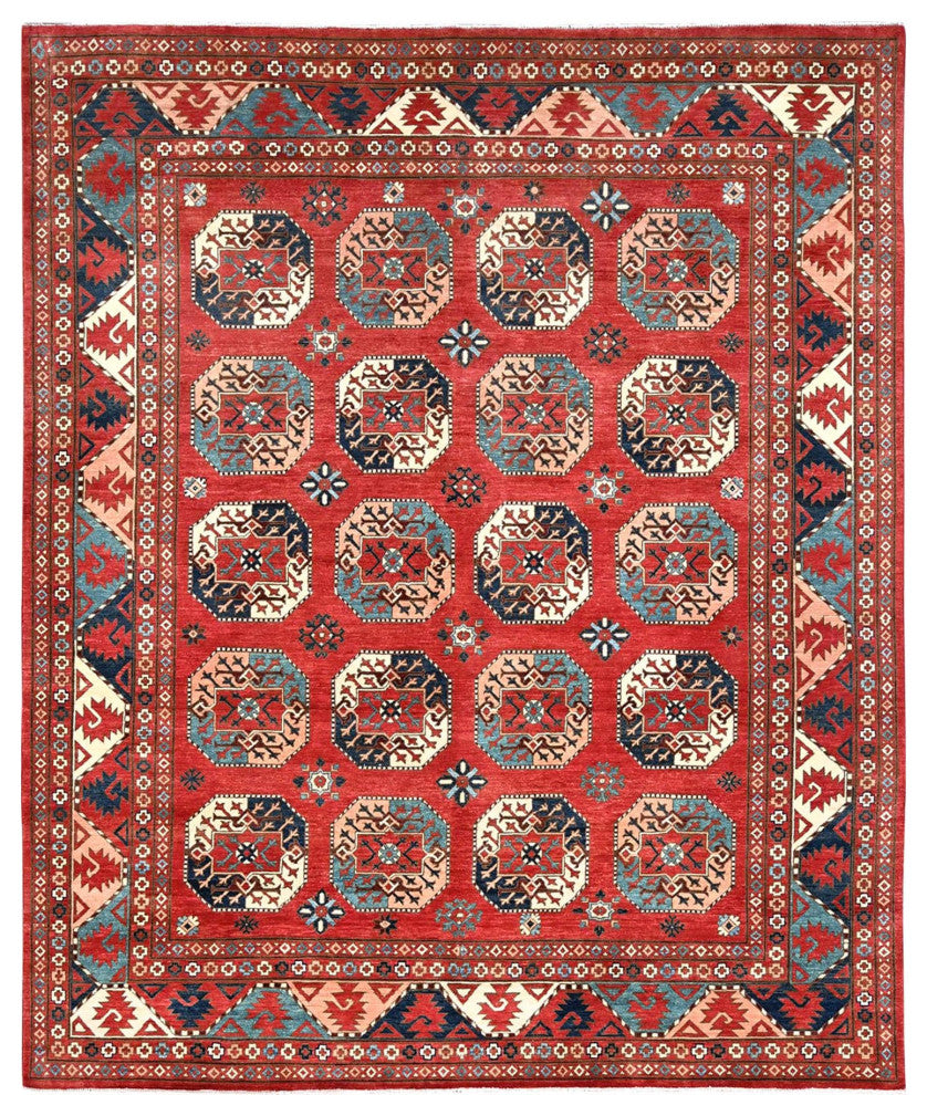 Ajax Red, Hand Knotted, Afghan Special Kazak Pure Wool Rug, 8'2"x9'10"