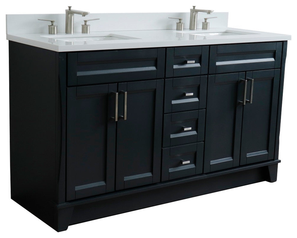 61" Double Vanity, Dark Gray Finish With Engineered Stone Top, Rectangle Sink