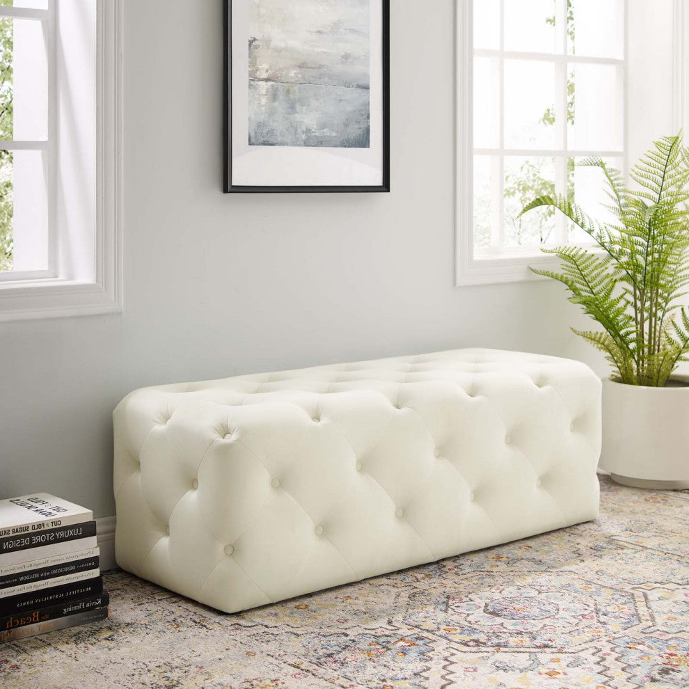 Tufted Accent Chair Bench, Velvet, Ivory White, Modern, Lounge Hospitality