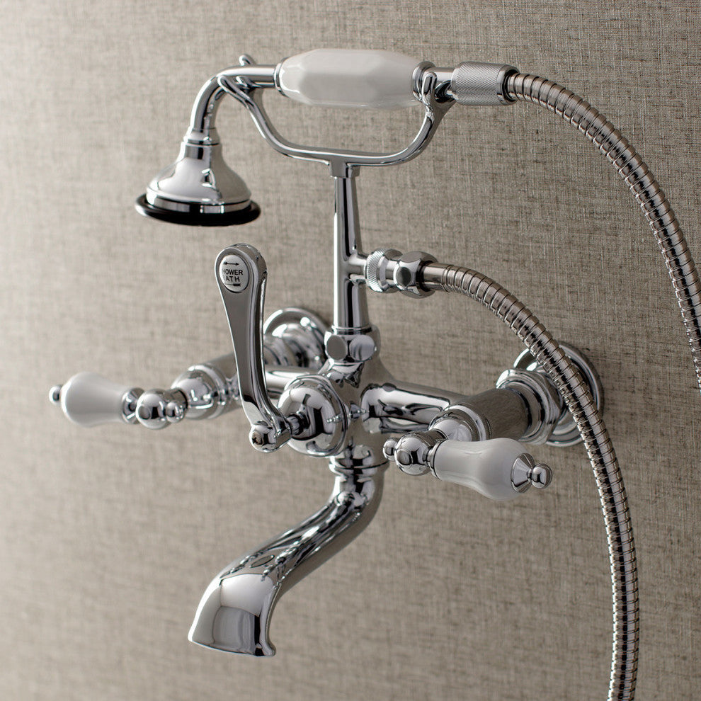 Aqua Vintage 7" Wall Mount Tub Faucet With Hand Shower, Polished Chrome