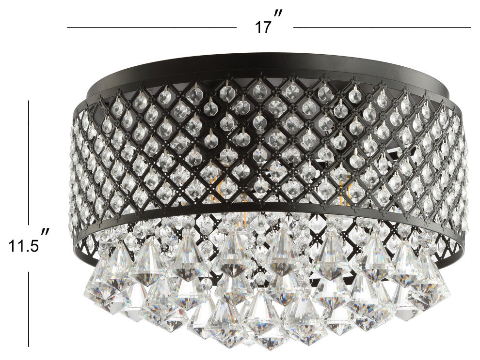 Evelyn 3-Light Crystal Drops and Metal LED Flush Mount, Black/Clear, Width: 17"