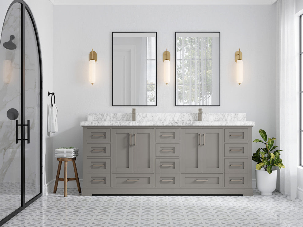 Boston 84 Double Sink Bath Vanity in Elephant Skin Gray 2" Carrara Marble