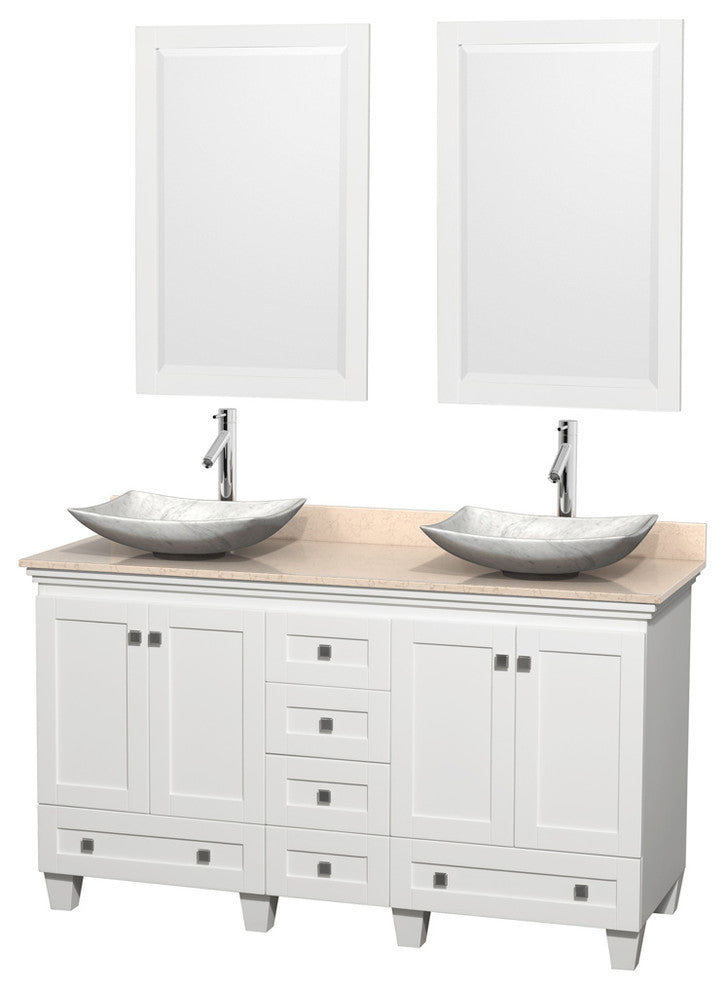 Acclaim White DBL Vanity, 24" Mirrors, 60", Ivory Marble, White Carrera Marble
