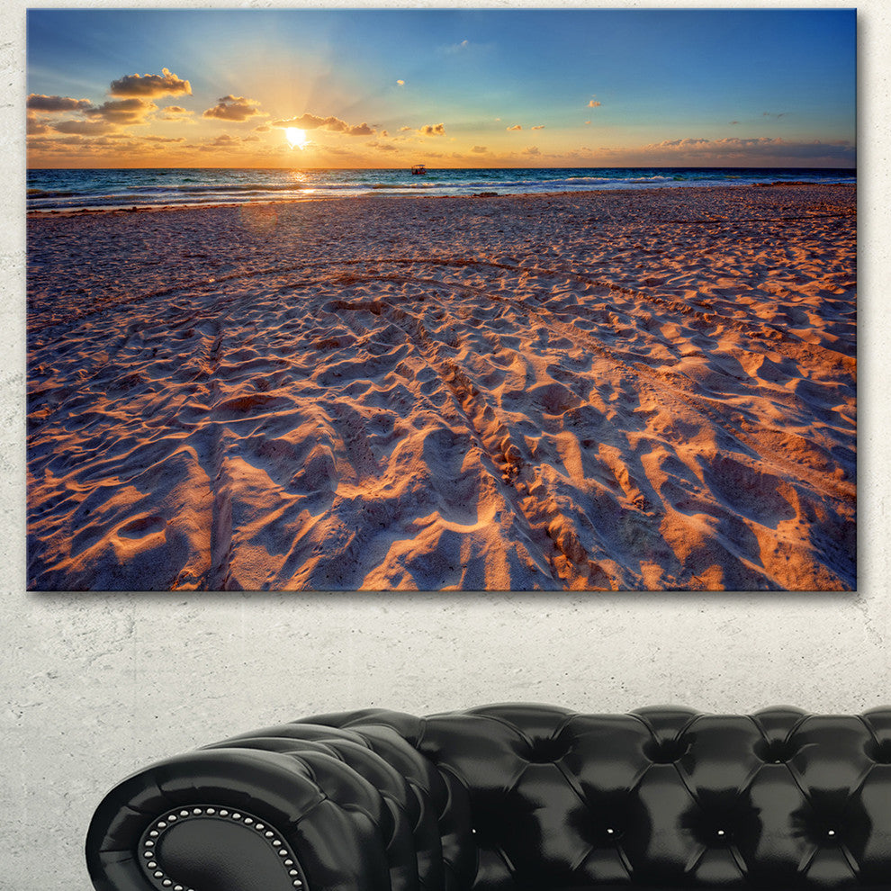 Trodden Sandy Beach at Sunset, Seashore Canvas Art Print, 60"x28"