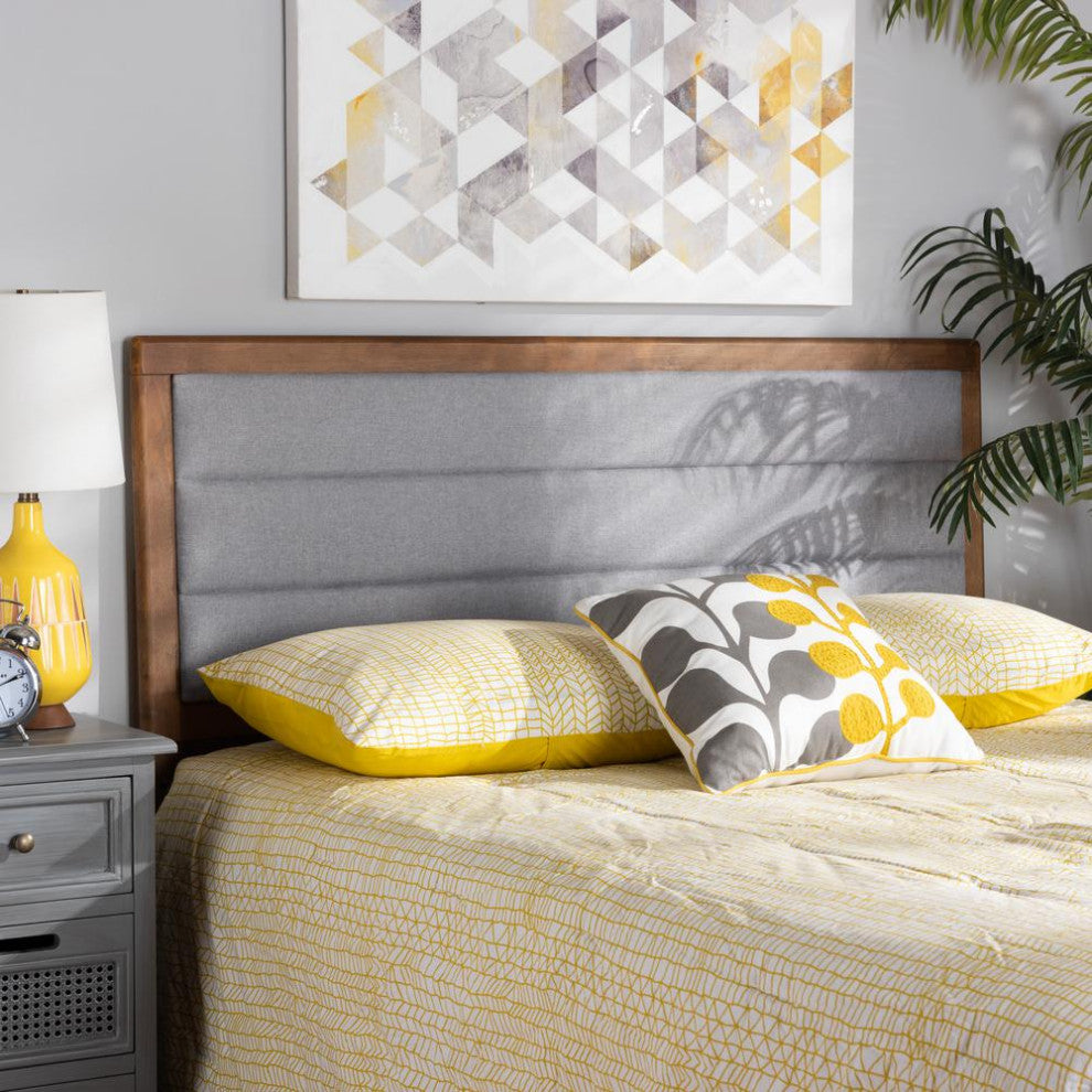 Light Grey Fabric Upholstered and Walnut Brown Finished Wood King Size Headboard