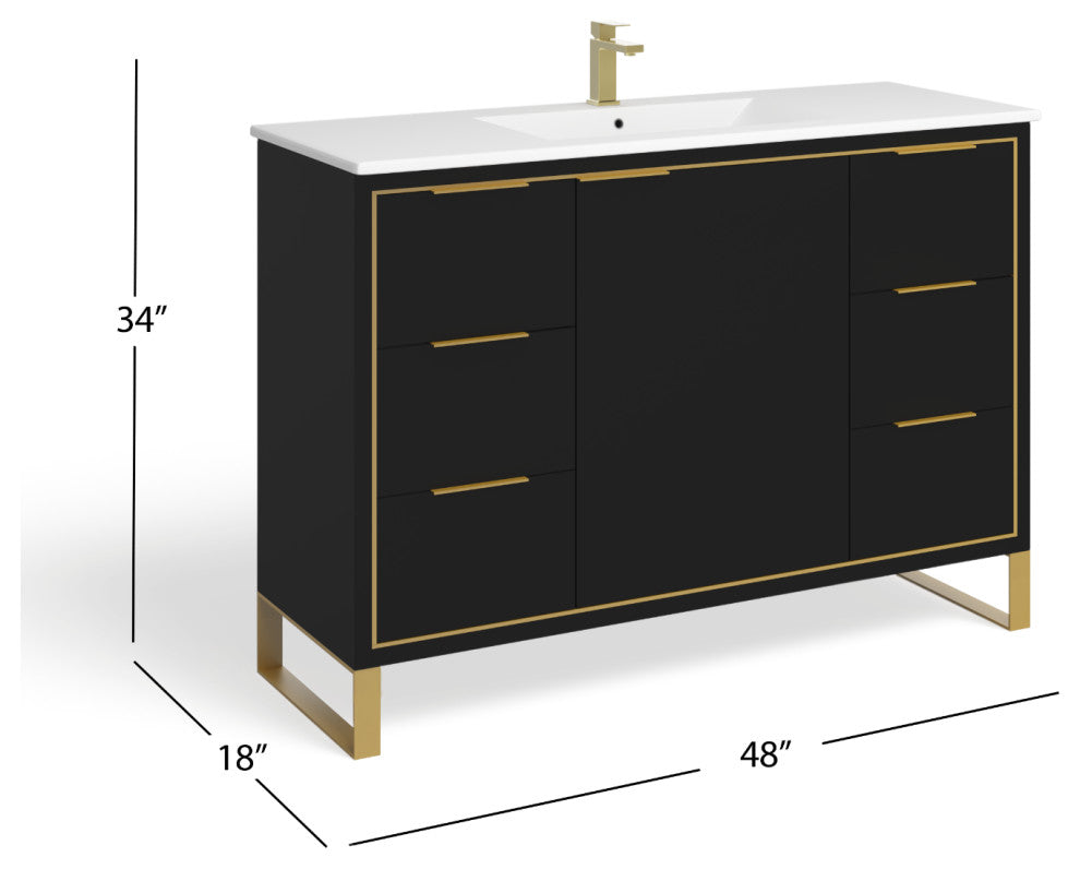 Bradford Bath Vanity, Black Matte, 48", Satin Brass Hardware, Single Sink, Freestanding