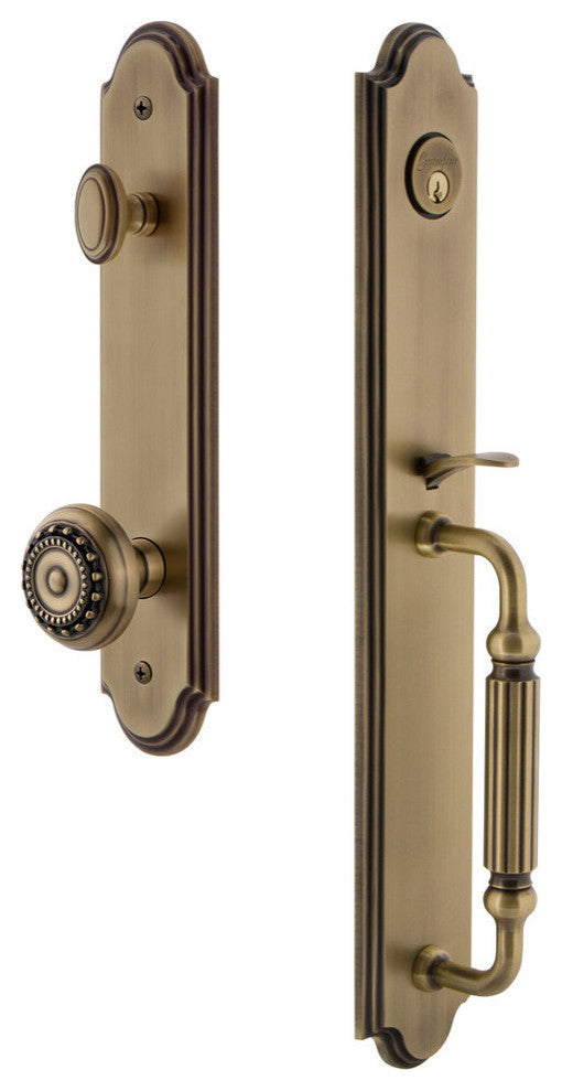 Arc 1-Piece Dummy Handleset, F Grip and Parthenon Knob, Vintage Brass, 848691