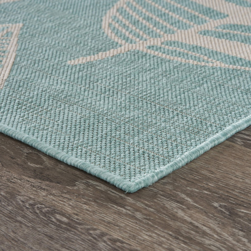 8" x 10" Teal Leaves Indoor Outdoor Area Rug