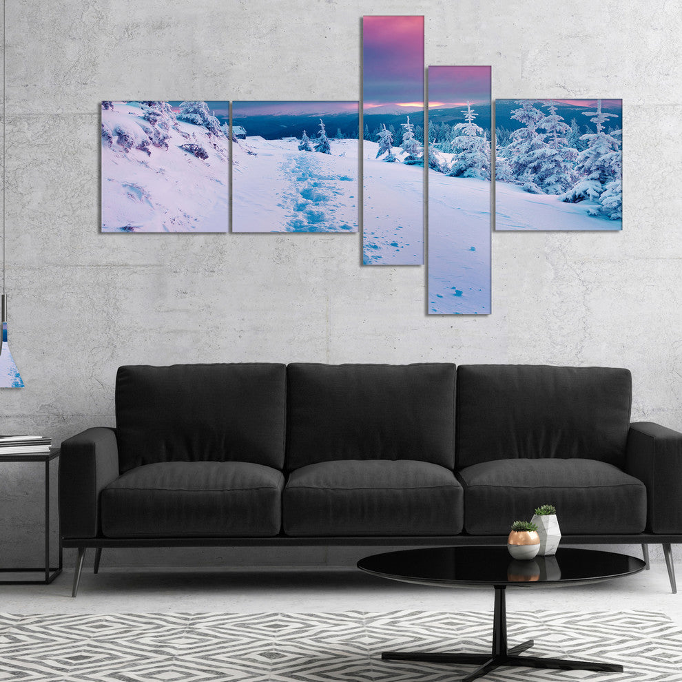 Beautiful Sunrise over Winter Mountains, Landscape Canvas Art, 60"x32", 5 panels