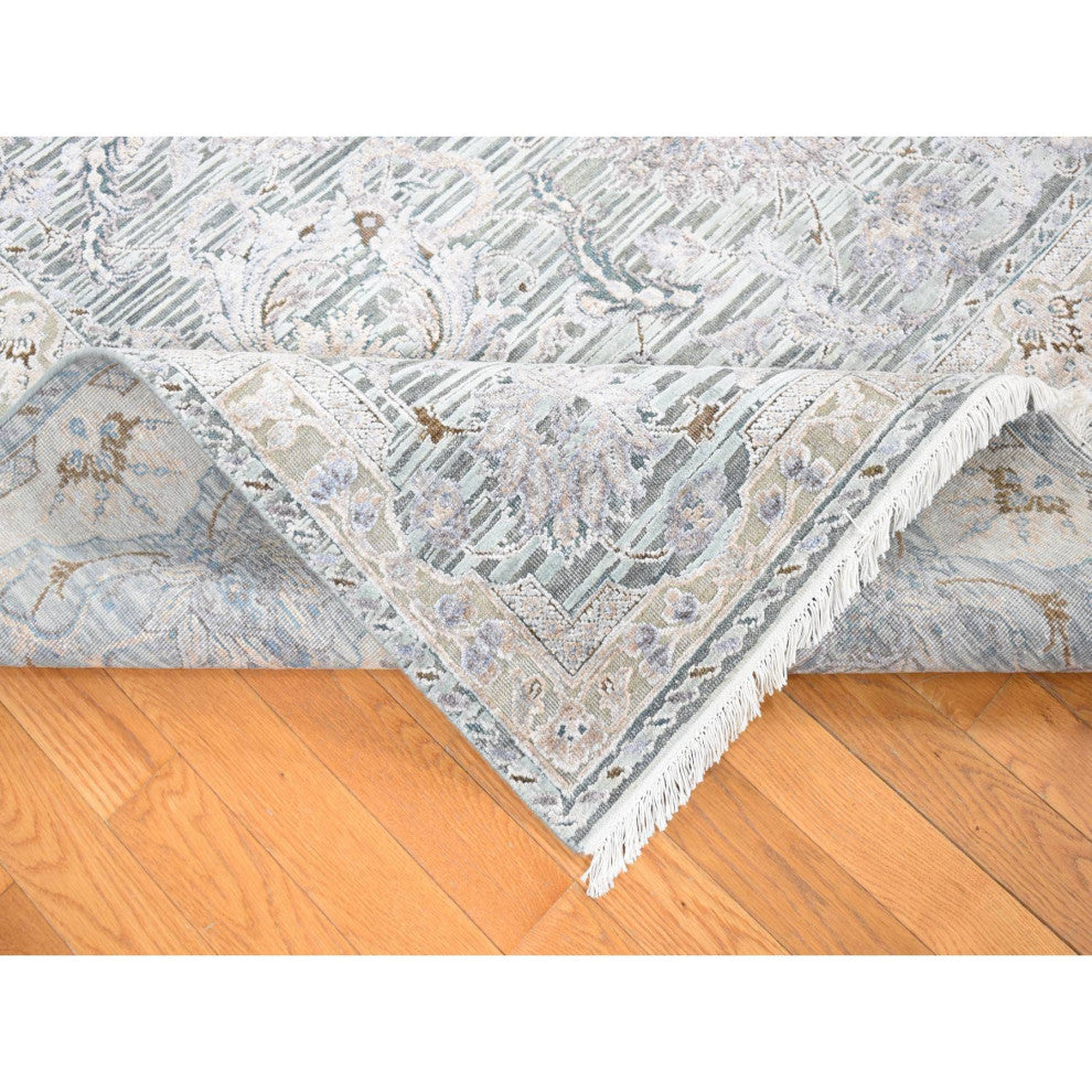 Laurel Green, Mughal Design, Pure Silk Hand Knotted, Oriental Rug, 7'10"x10'2"