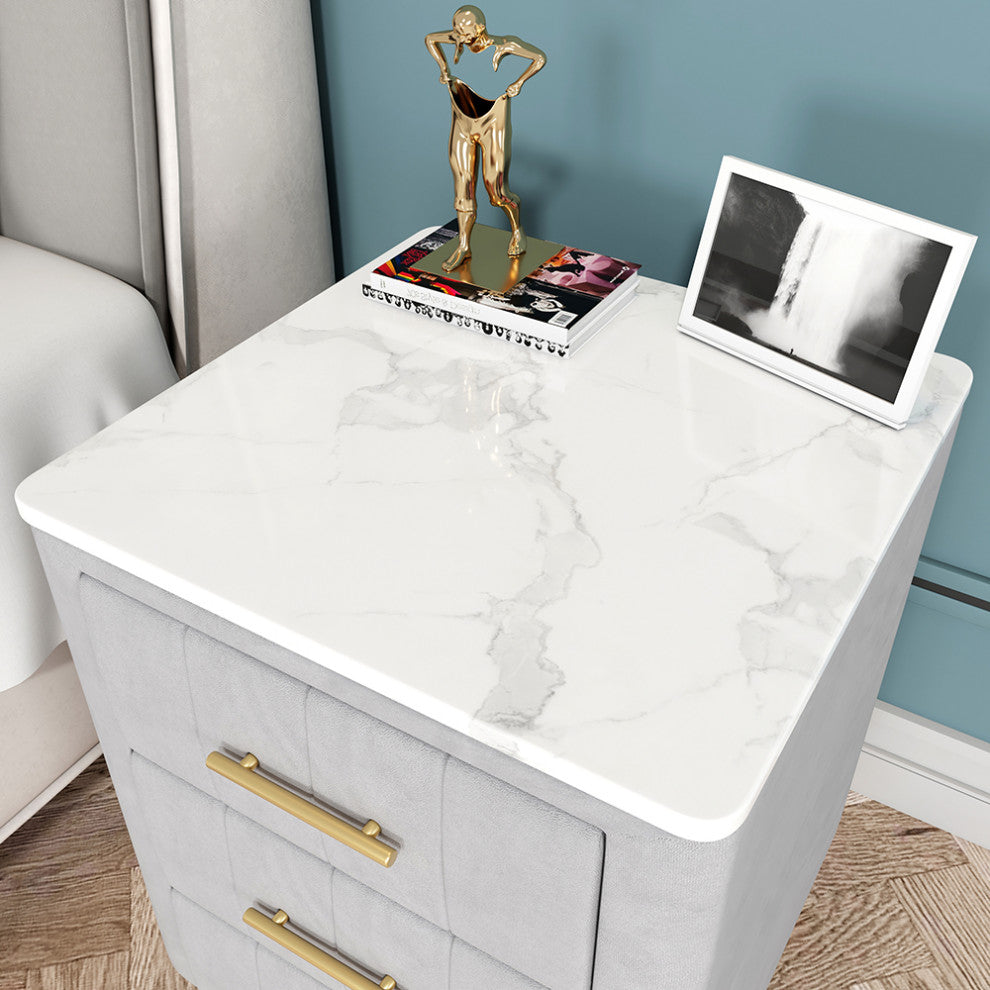 Modern Nightstand Gray Velvet Upholstered Bedside Table 3 Drawers With Stone Top