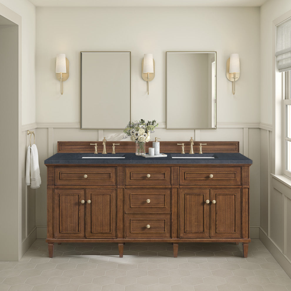 Lorelai 72"Double Vanity, Mid-Century Walnut, 3 CM Charcoal Soapstone Top