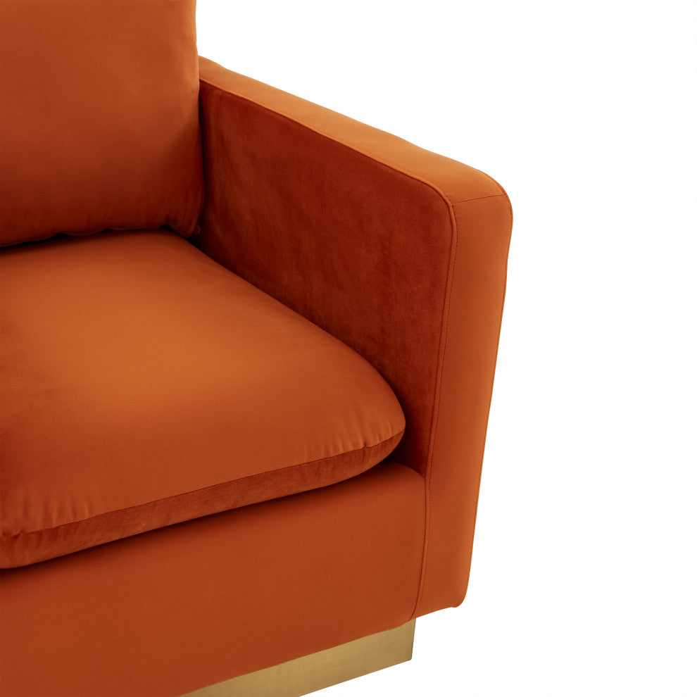 LeisureMod Nervo Modern Velvet Accent Arm Chair With Gold Base, Orange Marmalade
