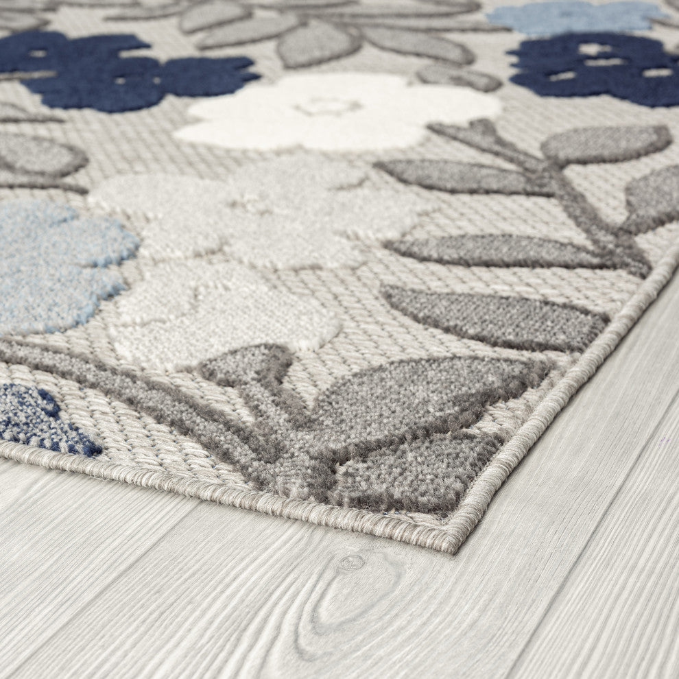 Ostro Modern Floral Area Rug, Blue & Gray, 7'11" Round