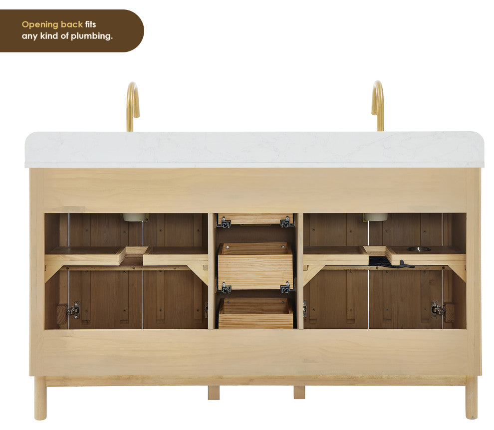 Sierra Bathroom Vanity, Washed Light Brown, 60inch, Without Mirror