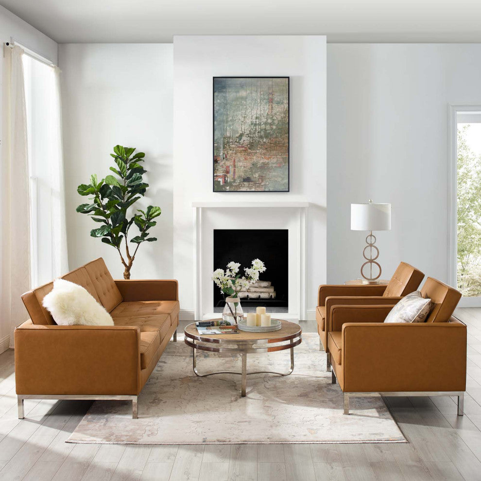 Loft 3 Piece Tufted Upholstered Faux Leather Set Silver Tan
