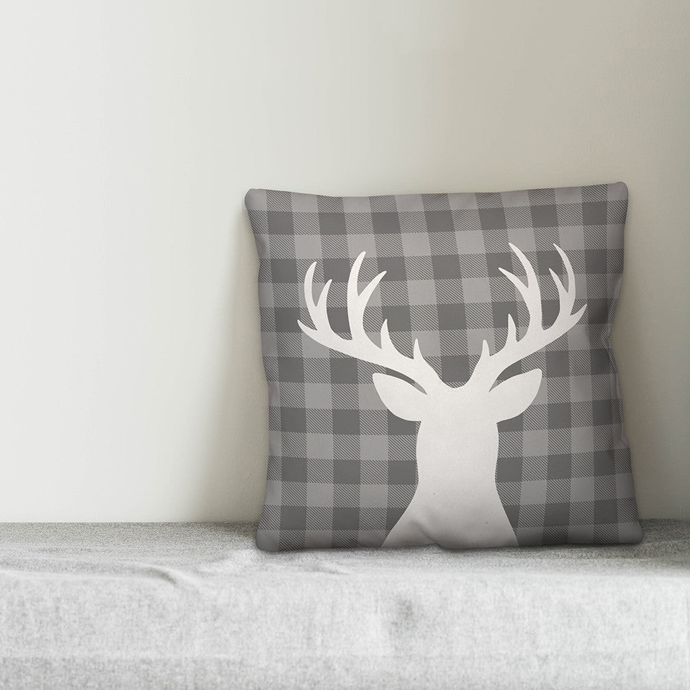 Gray Plaid Deer 16"x16" Throw Pillow Cover